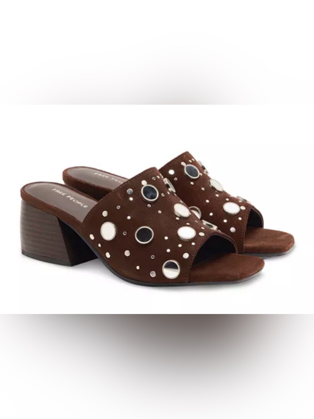 Free People Mirage Mules Studded Brown Suede Block Heel Mirrored Size 9.5 New - Picture 8 of 16